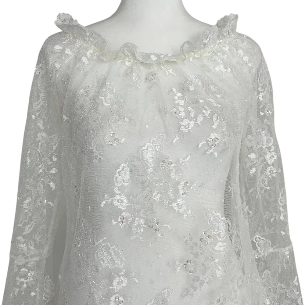 Victoria's Secret Y2K White Sheer Lace Bell‎ Sleeve Ruffle Nightie Lingerie (S)